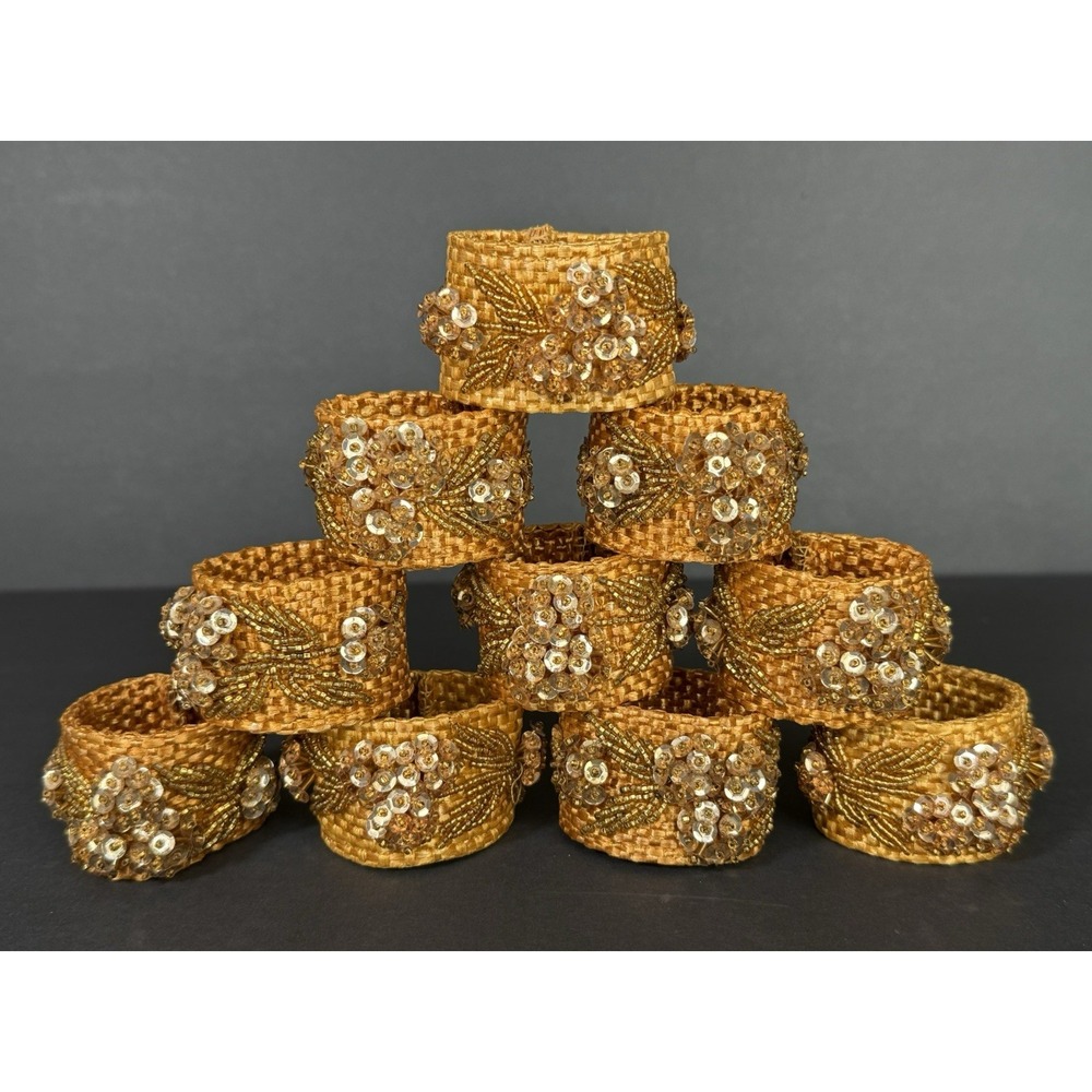 Set of 10 Gold Beaded Sequin Floral Napkin Rings Woven Elegant Table Decor